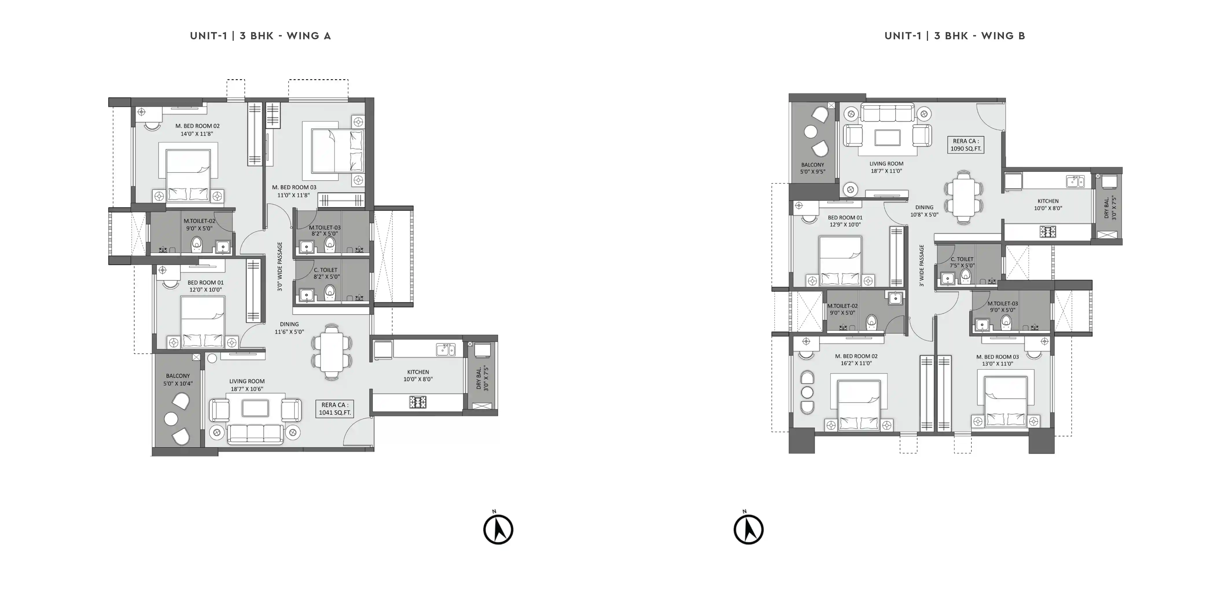 Mangrove Goregaon West 3 BHK floor plan 1041 sq.ft. and 1090 sq.ft.